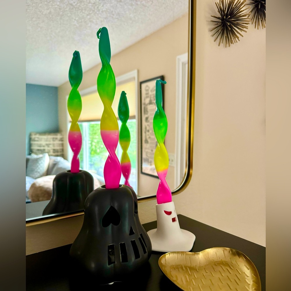 Bouffants & Broken Hearts by Kendra Dandy two taper candles in multicolor ombré.